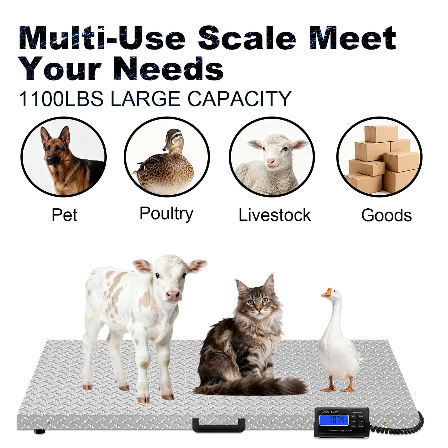 Togarhow 1100Lbs x 0.2Lbs Digital Livestock Scale Stainless Steel Non-Slip Platform Scale Electronic Heavy Duty Postal Shipping Scale for Large Pet Dog Goat Pig Cattle Sheep