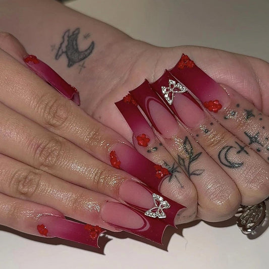 MISUD Press on Nails - Long Square Glue on Nails with Matte Red, Acrylic Flower Butterfly Design 24 pcs