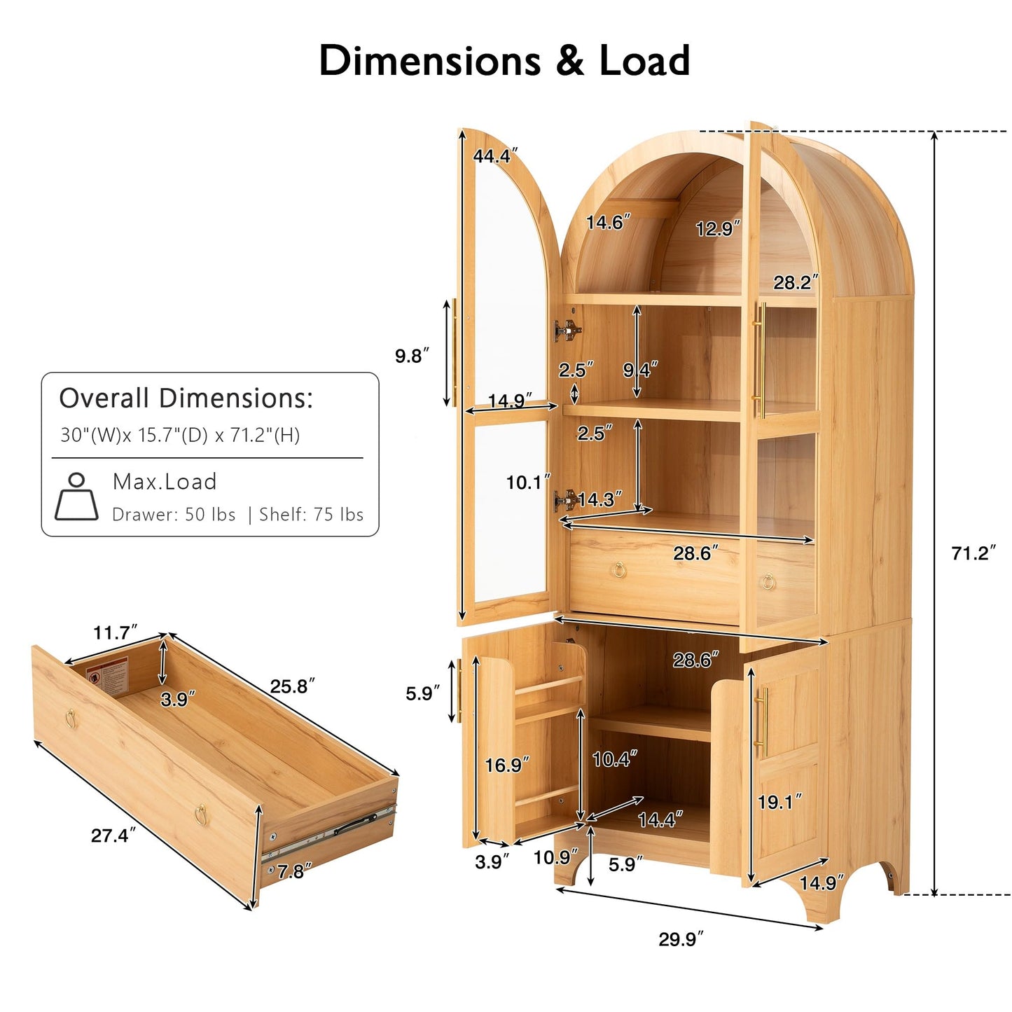 Erteliza 71" Farmhouse Arched Storage Cabinet with Glass Doors & Hidden Drawer, Tall Arched Cabinet with Adjustable Shelves, Kitchen Pantry Cupboard for Dining Room, Natural