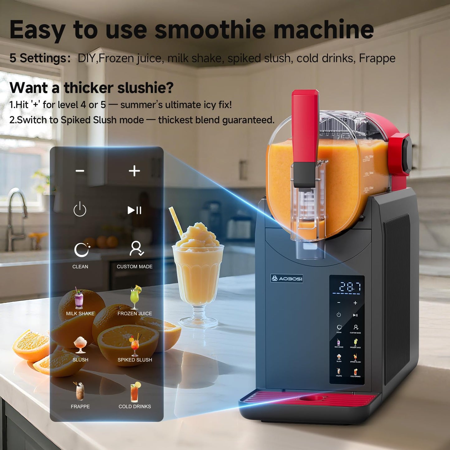 AAOBOSI Slushie Machine for Home, Frozen Drink Machine with Cookbook, Margarita Machine with 6 Presets Programs, No Ice Needed, Auto Cleaning, Slushy Maker for Frozen Margaritas, Cocktails, Frappés
