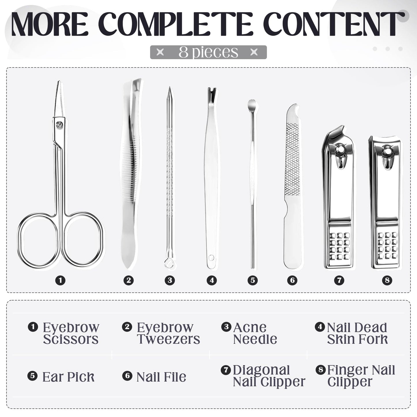 Geosar 12 Set 8 in 1 Manicure Gifts for Fathers Day Bulk Stainless Steel Nail Clippers Kit Pedicure Care Tools with Leather Case Travel Grooming Kit Gift for Women Men Hands Foot(Glitter Silver)