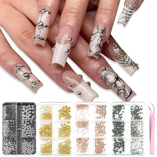 4 Boxes Mixed Sizes Flat Back Steel Beads 3D Nail Charms Kit, Gold Silver Rose Gold Black Half Round Metal Caviar Beads Balls with Pickup Tweezers Manicure DIY Crafts Decorations