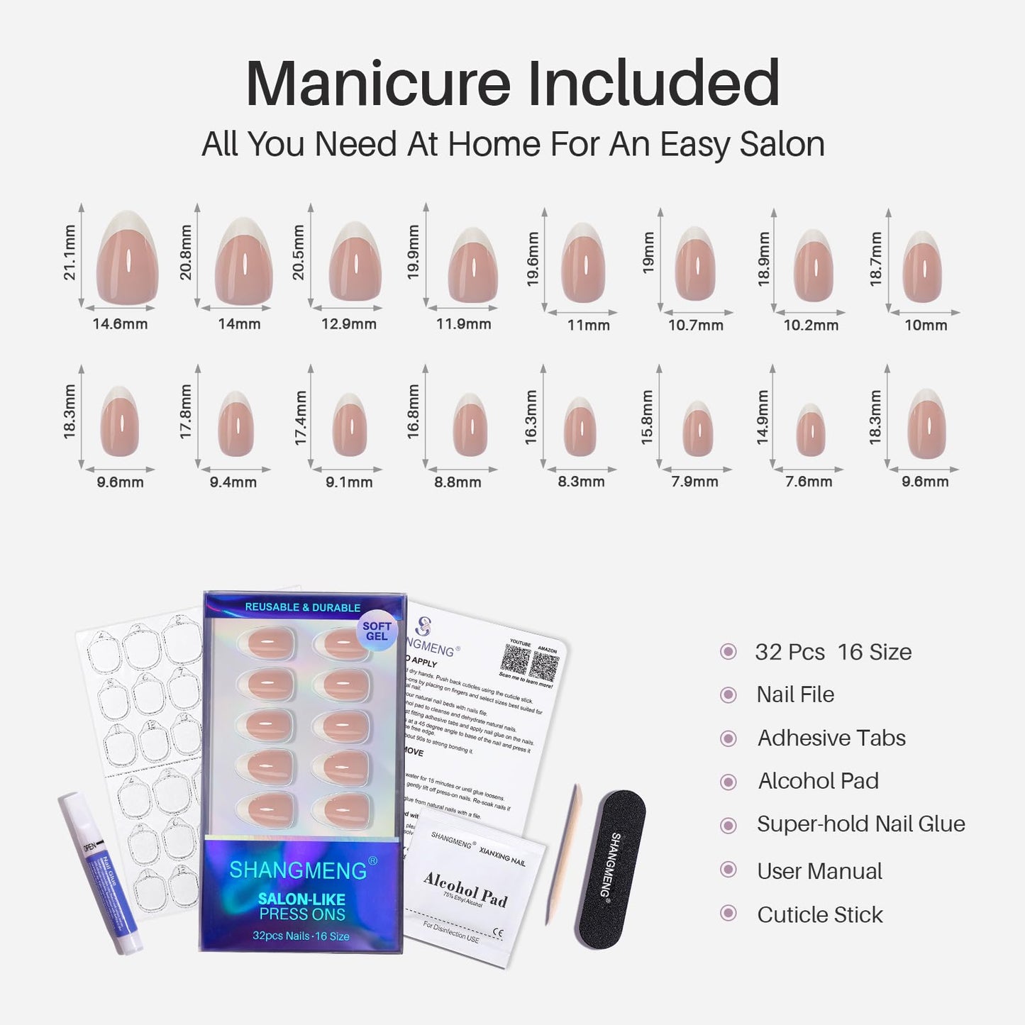 White French Tip Press on Nails Almond - SHANGMENG Glow in The Dark Short Nails for Women, Seamless Fit & Glossy Soft Gel Glue On Nails in 16 Sizes - 32 Fake Nails Kit with Glue, Moonlit Ballet