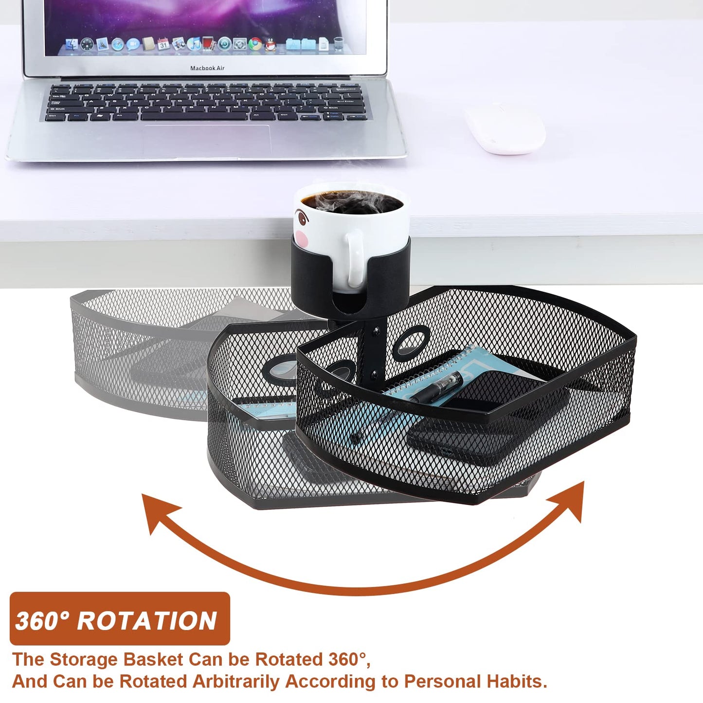 MASTLU Under Desk Organizer,Cup Holder,Table Management Tray, Swivel Pencil Drawer, Office No Drill Steel Organizers,360 Spin Hidden Storage Box with Sturdy C-Clamp,Easy Install (Black)