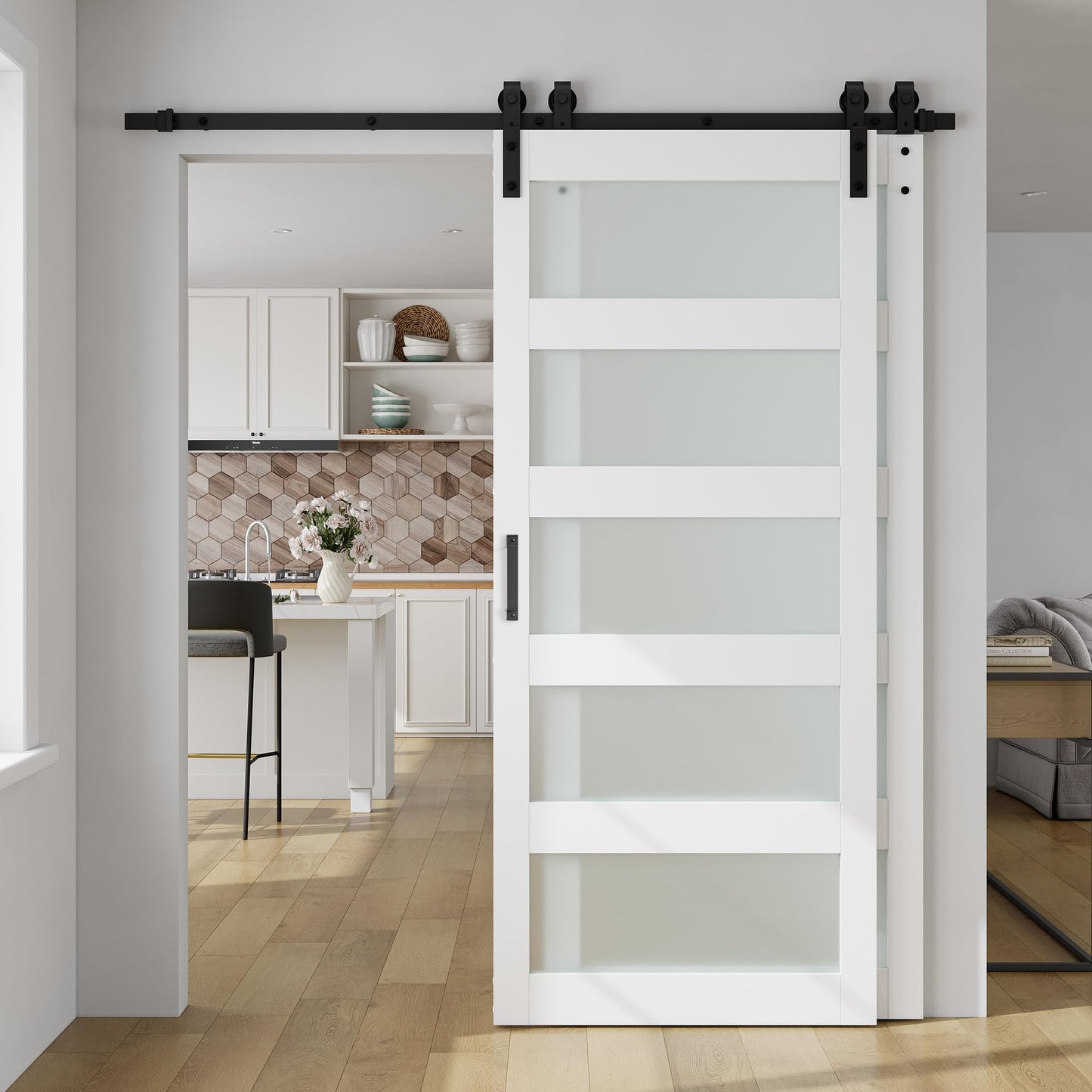 SmartStandard 36in x 84in Double Glass Sliding Barn Door with 6.6FT Bypass Sliding Barn Door Hardware Kit, 5-Panel Frosted Glass,Waterproof, Save Space, Easy Install, Fit 60"-64" Openning, White