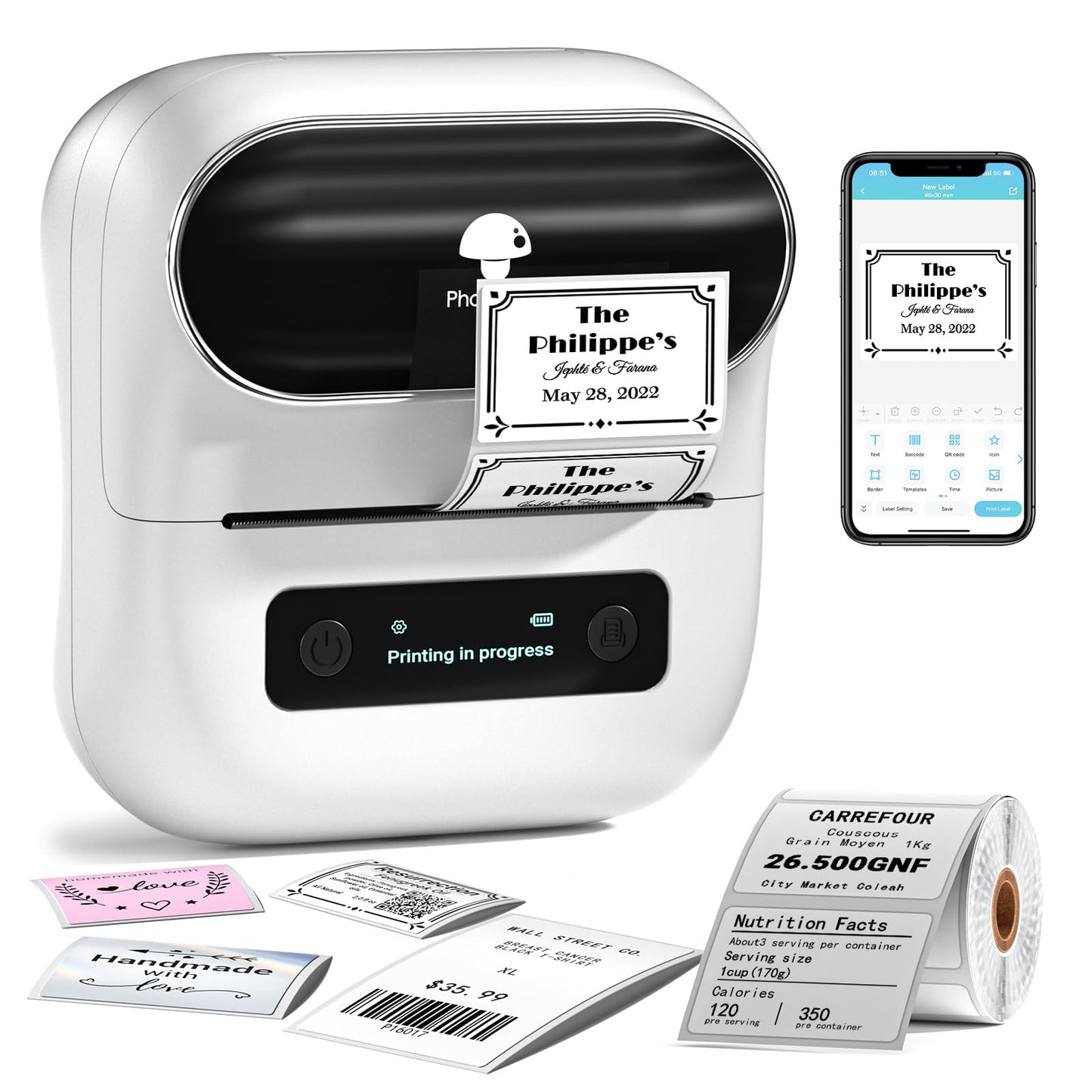 Phomemo M220 Label Maker Starter Pack, 3 Inch Bluetooth Thermal Label Printer with 100 Premium Label(40×30mm),Portable Barcode Printer for Small Business Office Organization, iOS Android PC Compatible