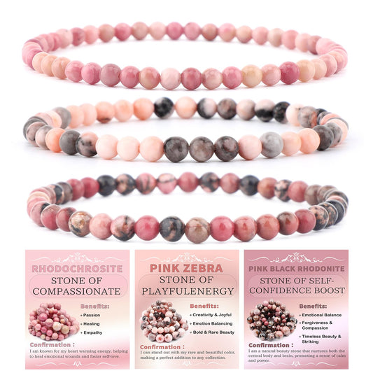 NCB 3-Piece 4mm Natural Crystal Gemstone Stretch Bracelets – ﻿Rhodochrosite, Pink Zebra, Pink Black Rhodonite Handmade Reiki Energy Healing Jewelry for Meditation,Yoga, Unisex