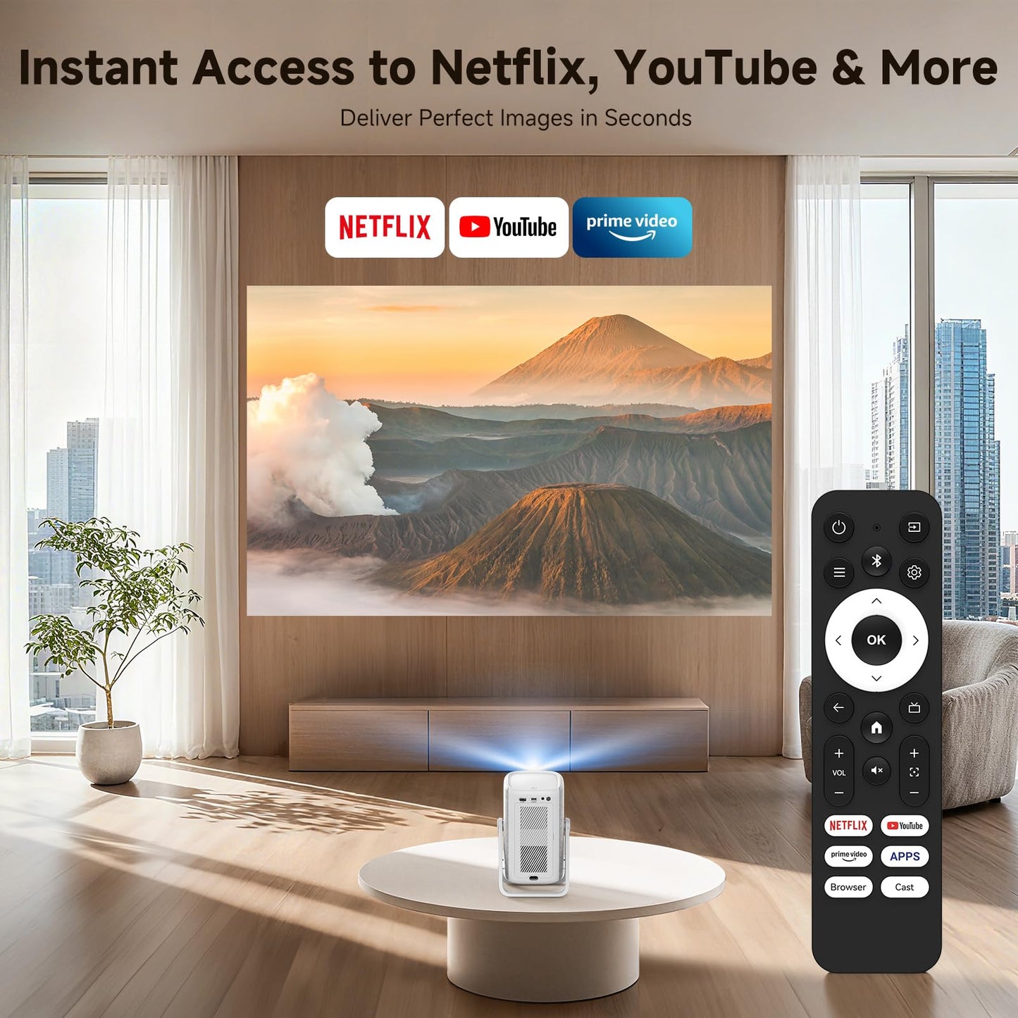 [Short Throw/1200ANSI/Built in Apps] 4K Outdoor Projector with WiFi and Bluetooth, Auto Focus Projector with Dual-Mode Stand, Smart Portable Proyector with Netflix/YouTube/PrimeVideo & Dolby