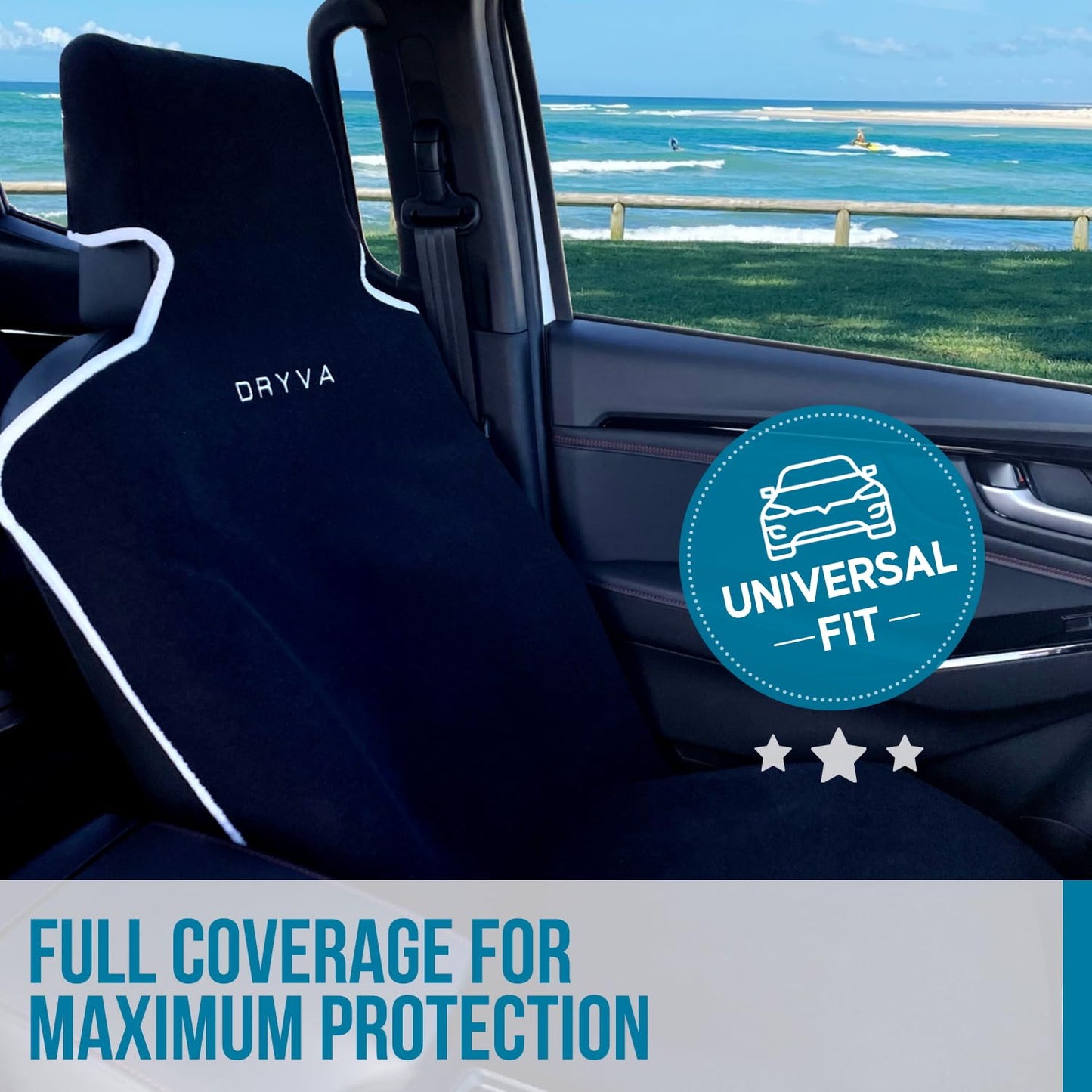 DryvaSeat - Premium Microfiber Towel Car Seat Cover - Waterproof & Sweatproof - Universal Fit, Machine Washable, Non-Slip - Seat Protector for Car, Truck, SUV, Van (Black, 2 Pack)