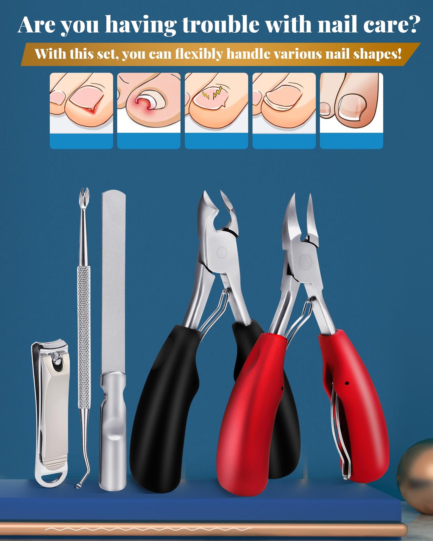 Tisojpod 5Pcs Toenail Clippers Set for Ingrown Toenail & Thick Toenails,Nail Clippers Set for Seniors Men Women,Ingrown Toenail Clippers,Professional Heavy Duty Toenail Clippers for Thick Toenails