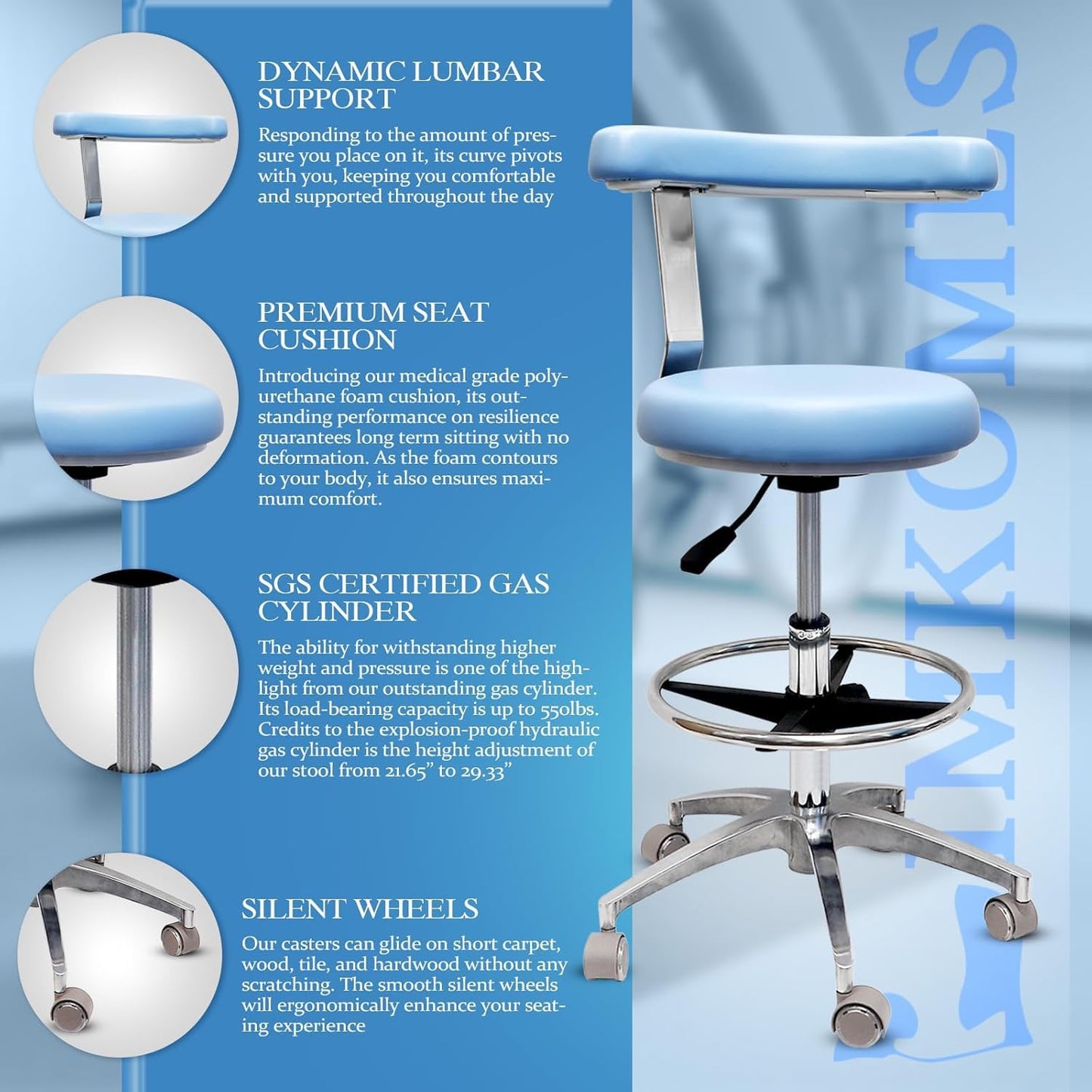 LIMKOMES Rolling Stool with Removable Footrest Lab Salon Chair Height Adjustable 360° Swivel Stool for Dentist with Unique Backrest Design