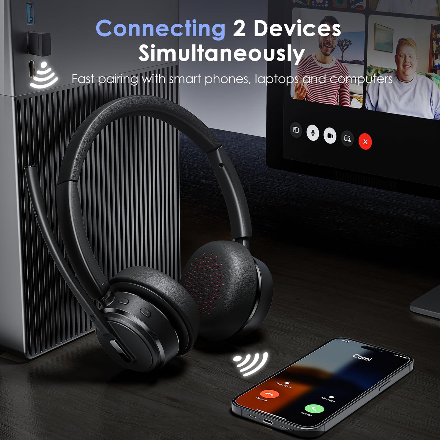 Mopchnic Wireless Headset with Noise Cancelling Microphone, On-Ear Bluetooth Headset with USB Dongle, Mute Function & Charging Base, Wireless Headphones for Work from Home and Call Center (Black)
