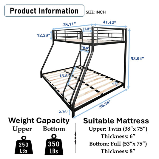 Bellemave Twin Over Full Bunk Bed with Wood Slat, Heavy Duty Metal Bunk Bed Frame for Adults, Adult bunk beds, Black