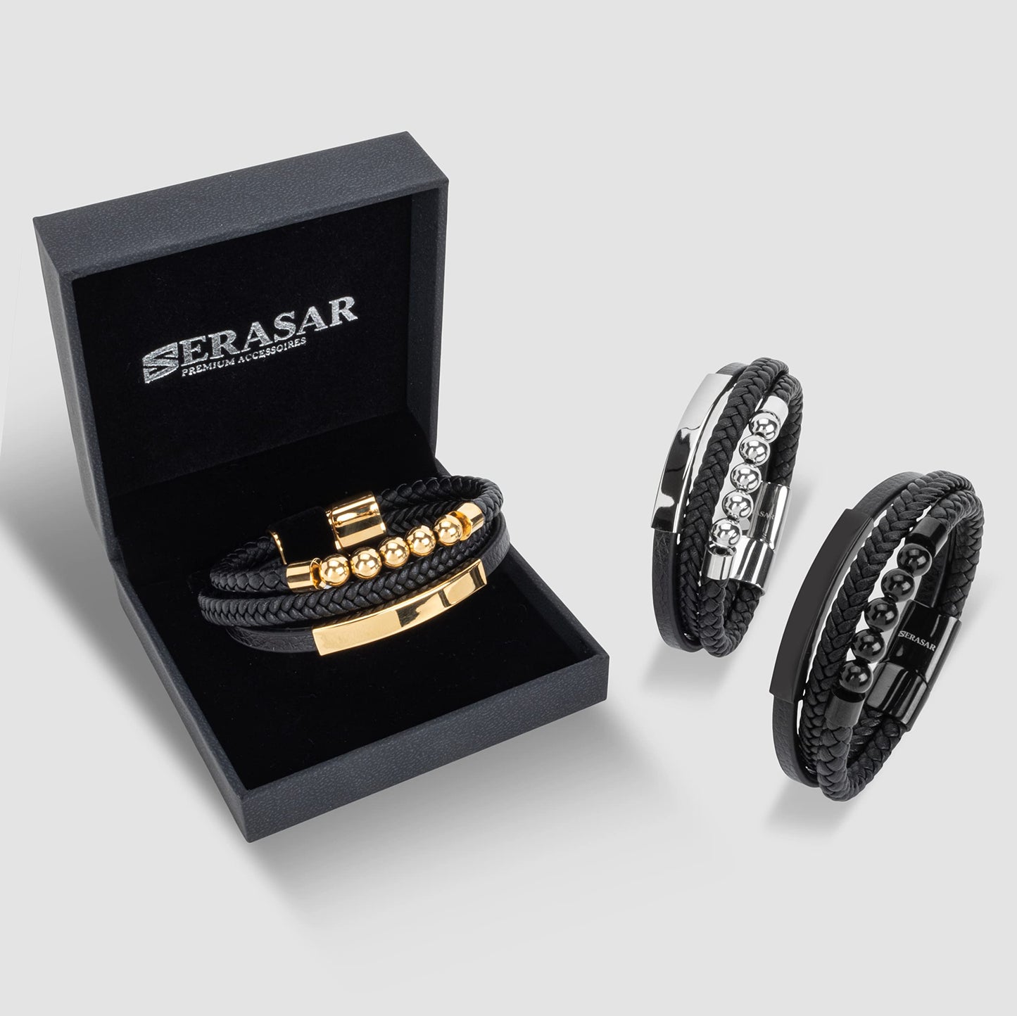 SERASAR Pulsera de cuero negro para hombre 23cm negra Hombres Caja regalo genuino Trenzado Multicapa Abrigo Pulseras masculinas Joyas magnéticas