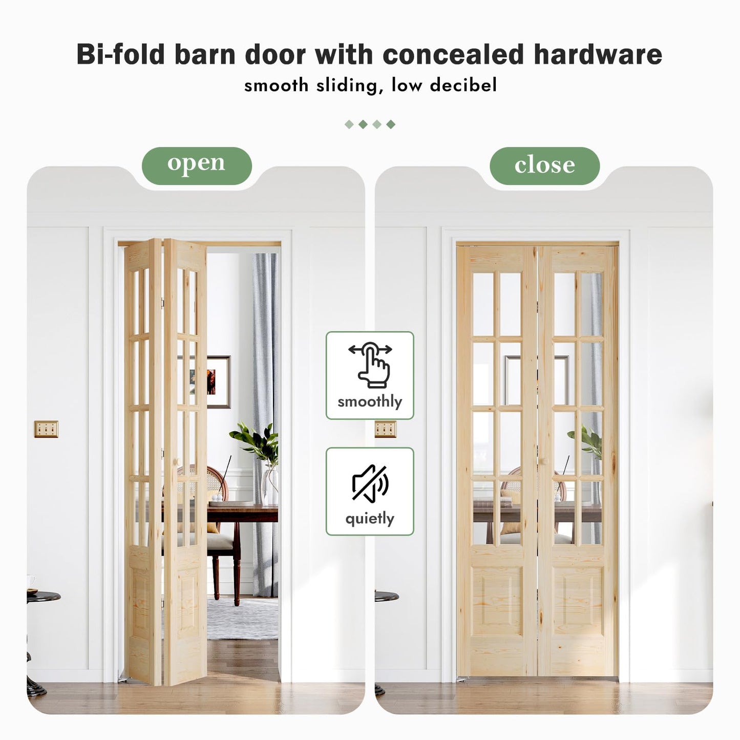 Roymelo Bifold Doors for 32"×80" Opening, Clear Glass French Interior Folding Barn Door with Concealed Hardware Kit Included, Spruce Wood Support DIY Dyeing, Preassembled Door, Save Space