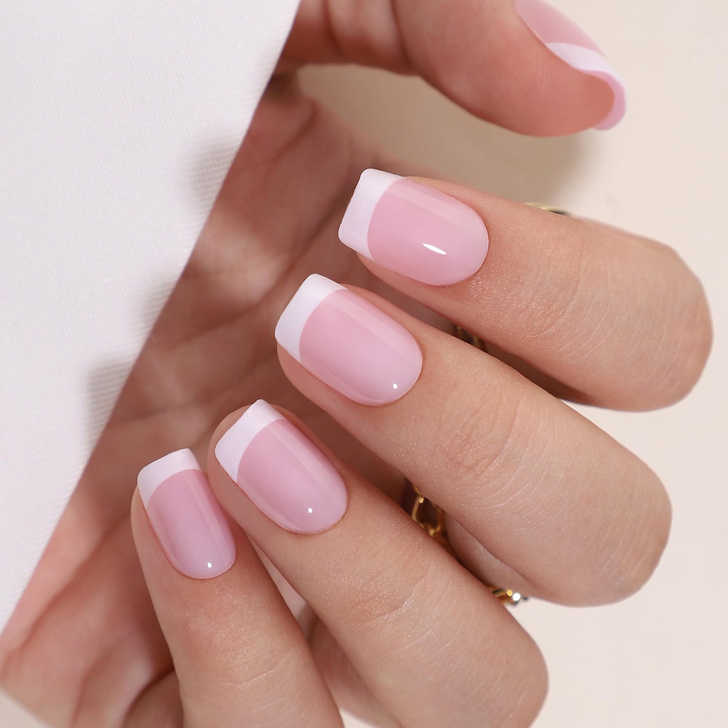 Hrnsnails Short Square Press On Nails, Glue On Nails Short Fake Nails with White French Tip Nails Glossy Designs, Nails Press Ons Soft Gel False Nails,Artificial Nails Stick On Nails for Women