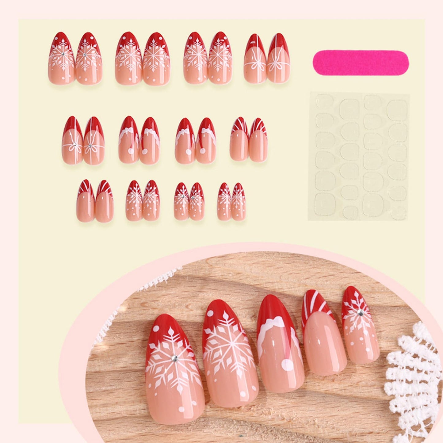 Glossy Red Candy Cane Acrylic Fake Nail Christmas Press on Nails Christmas Hat Medium Almond False Nails Snowflake Stick on Fingernails 24Pcs Rhinestones Gel Glue on Nail for Women Xmas Gift