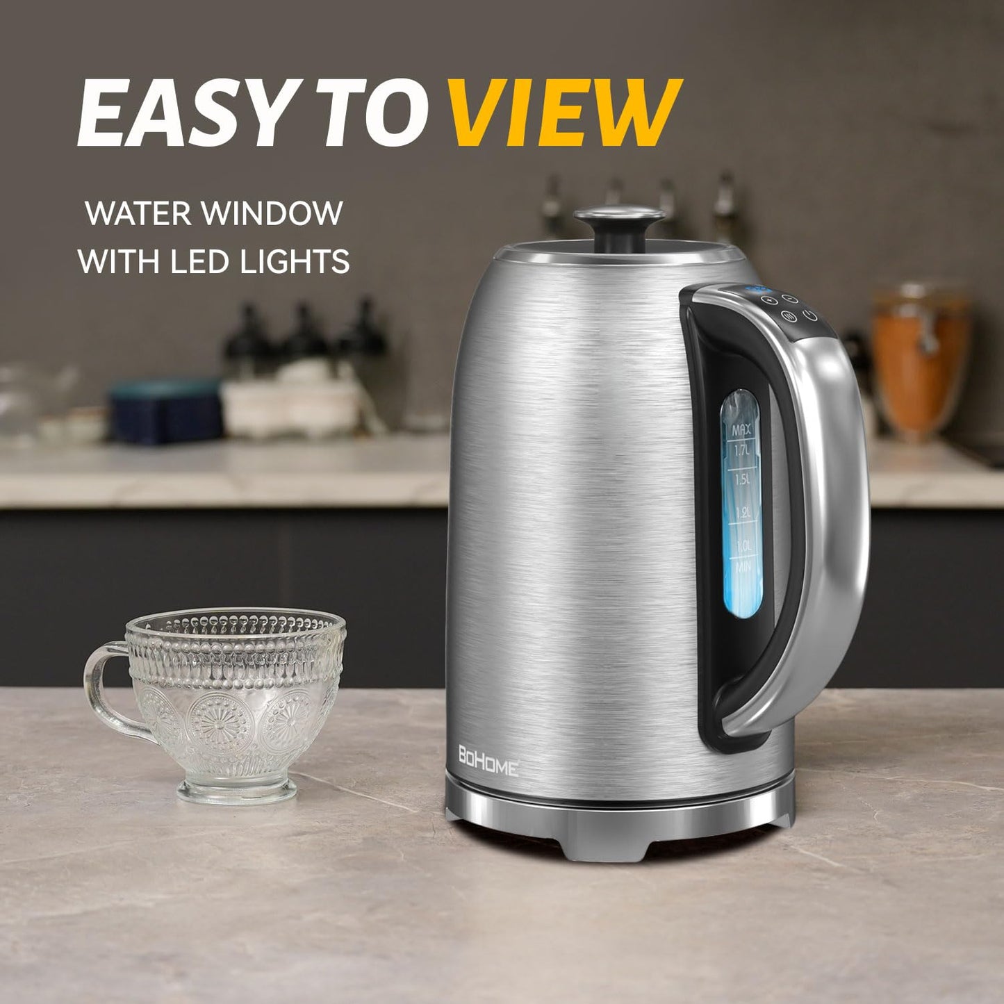 BOHOME Electric Kettle, 1.7L/1500W, Stainless Steel, Digital Touch Panel, Keep Warm Function, Auto Shutoff, BPA-Free, Hot Water Kettle for Coffee & Tea, No Plastic Contact with Water (Black)