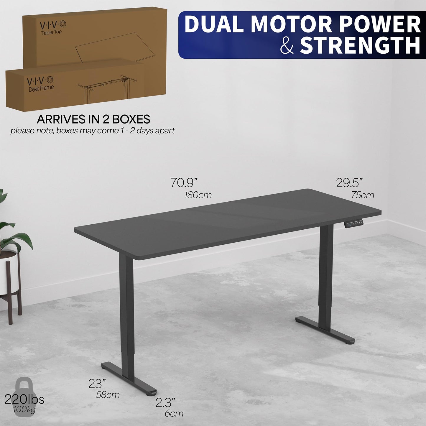 VIVO Electric 71 x 30 inch Standing Desk, Dual Motor Memory Controller Height Adjustment, E2B Series, Solid One-Piece Black Top Black Frame, DESK-KIT-E2B71B