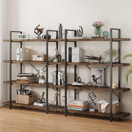 OtterOasis Bookshelf Set, Heavy Duty 4-Tier Industrial Bookcase, 47" Wide Wood Bookshelf for Home Office, 120lbs Shelf Capacity, Rustic Open Display with Horizontal Shelf for Living Room Bedroom