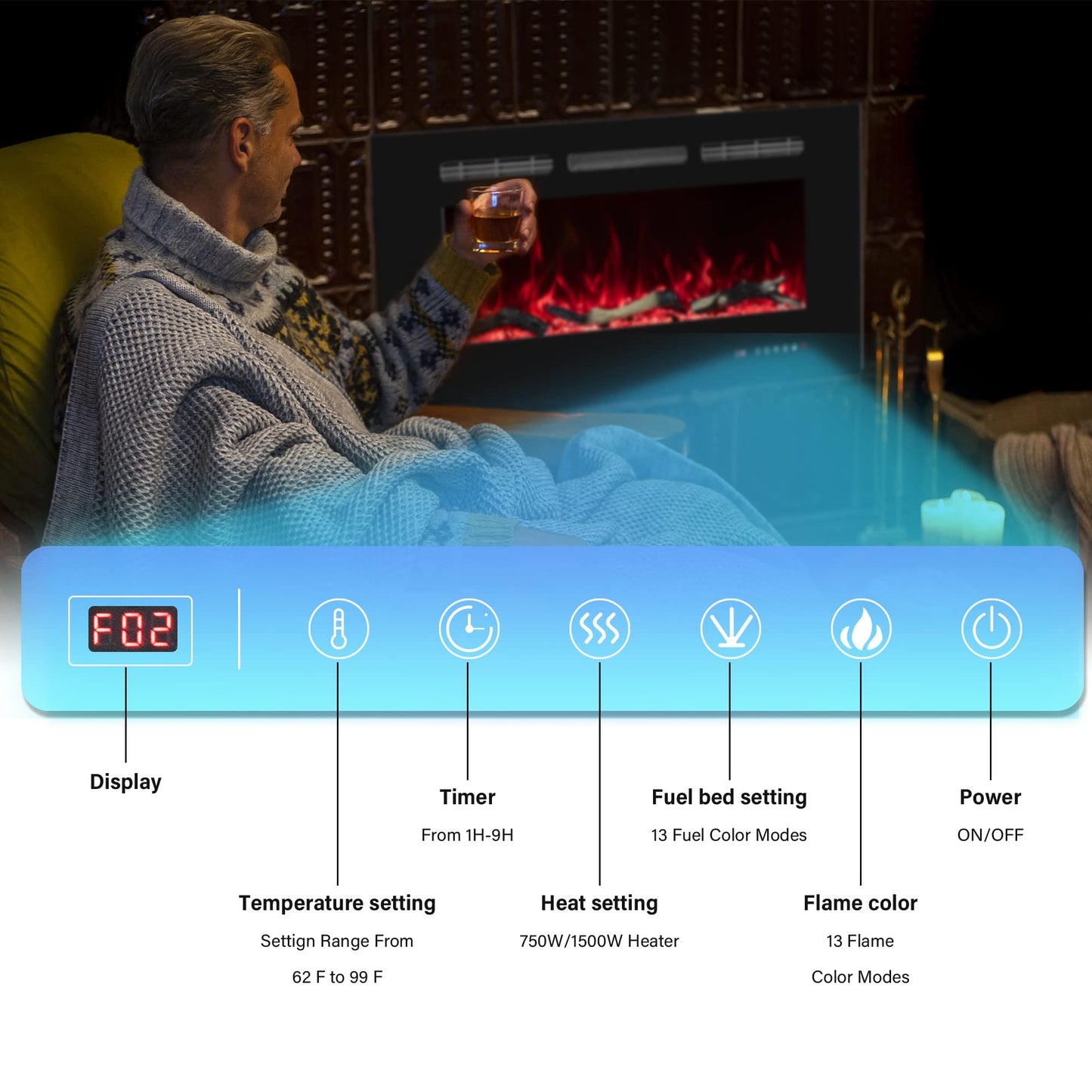 Oxhark Flame Electric Fireplace 42 inch Wide, Wall Mounted Fireplace Inserts Electric Heater, 13 * 13 Flame Effects Like Real Flame, Low Noise, Timer & Thermostat Setting, 750W/1500W, Black
