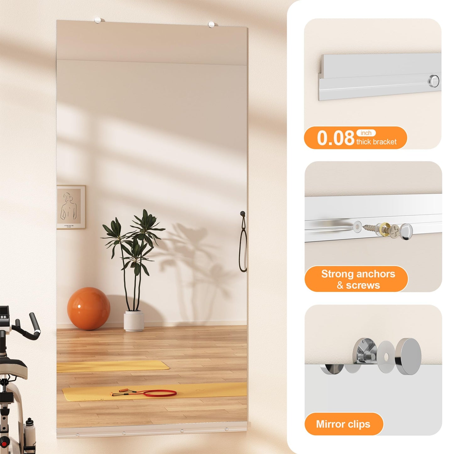 Hasipu Home Gym Mirror, 71"x32" Each, 1-Pack Frameless Wall Mounted Mirrors with Glass Clamps & 1 Aluminum Rail, Large Body Mirror for Home Gym, Yoga Studio, Bedroom, Silver Tempered Glass