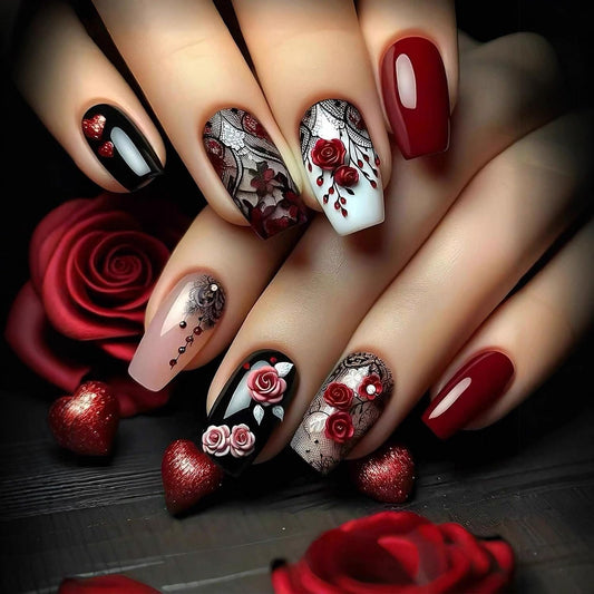 Vopintpy Red Rose Press on Nails Long Coffin Fake Nails with Design Glossy Acrylic Glue on Nail Reusable Full Cover Artificial Stick on Nail for Women DIY Manicure