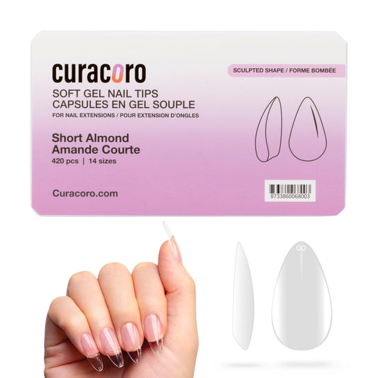 Curacoro Sculpted Short Almond Gel Nail Tips 420Pcs, Clear Full Cover Soft Acrylic Tips 14 Sizes, Easy to Use, Long-Lasting, Glossy Finish