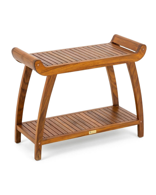 StrongTek Long Teak Shower Bench with Handles and Shelf, Solid Teak Wood Bathroom Bench, Quick-Dry Slatted Bath Bench, 29.5" L x 12.5" D x 24" H, 400 lbs Capacity, for Shower or Bathroom