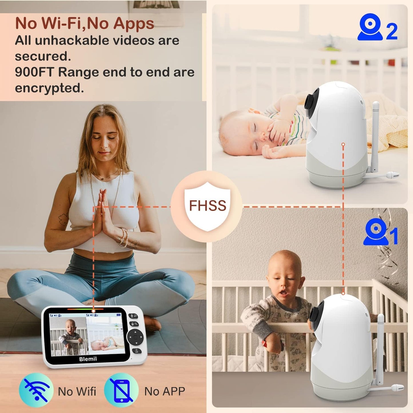 Blemil Upgrade Baby Monitor with 30-Hour Battery, 5" Large Split-Screen Video Baby Monitor with 2 Cameras and Audio, Remote Pan/Tilt/Zoom, Two-Way Talk, Room Temperature, Night Vision, 1000ft Range