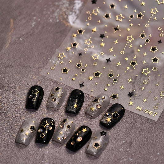 Gold Star Nail Art Sticker 5D Embossed Gold Black Star Design Nail Art Sticker Self Adhesive Nail Decals Supplies Accessories for Women Manicure DIY Decoration