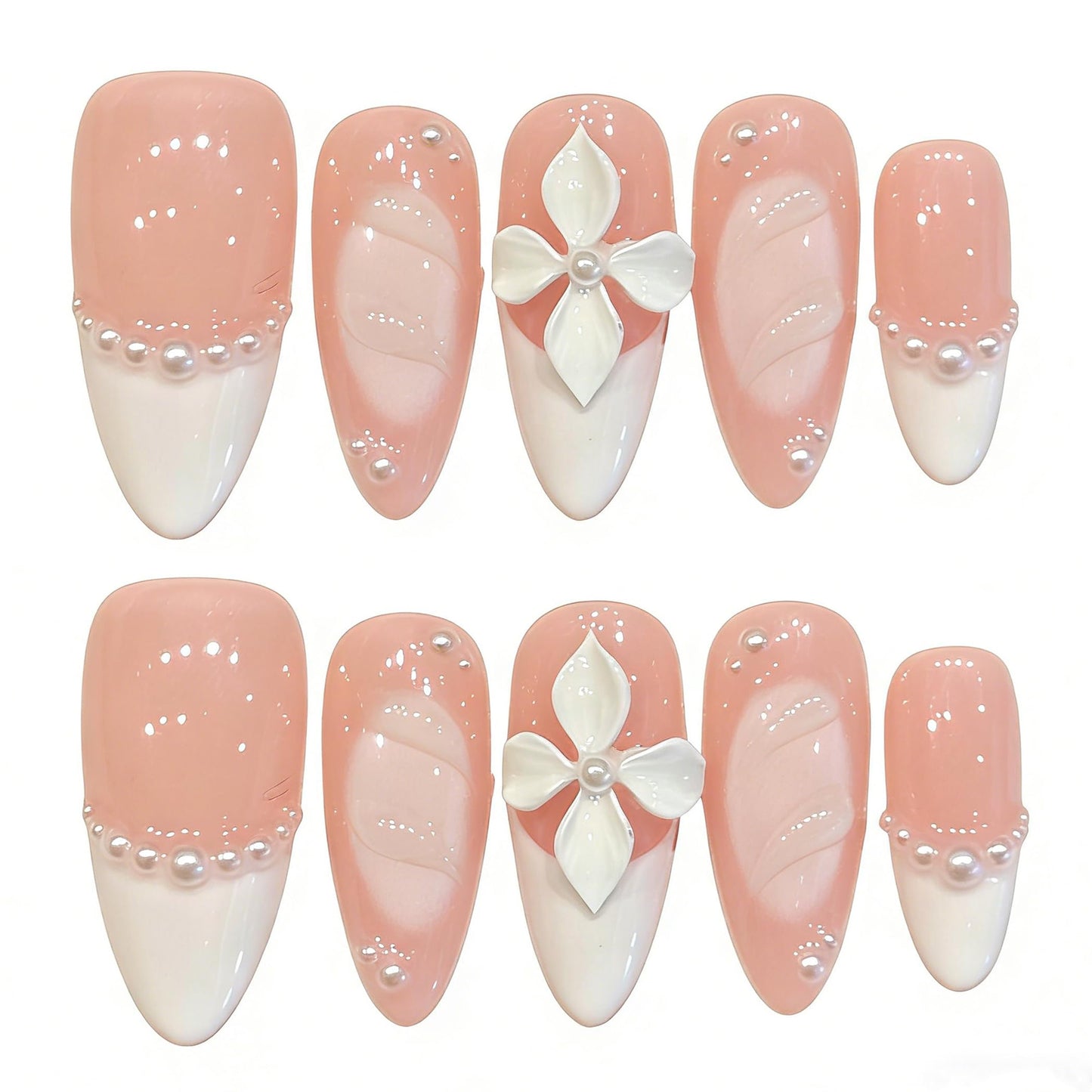 Handmade Press On Nails-3D Almond Pink French Manicure Aadorned With Pearl Carved Flowers ， Wedding Prom And Festival Gift，Thick Acrylic and Muti-Layer Gel Reusable False Nails (L)