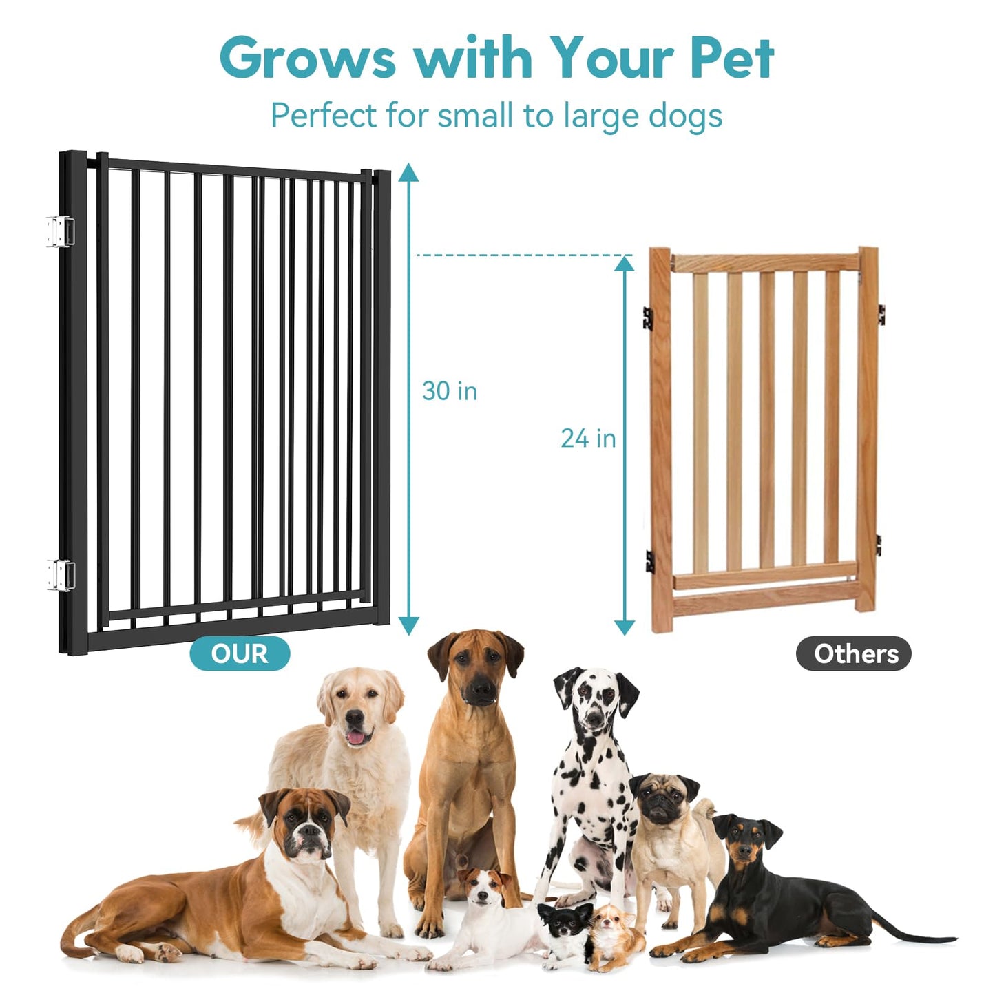 No Pawblems Free Standing Dog Gate with Door, 30'' Tall Foldable Dog Fence for Indoor & Outdoor, Up to 78 Inch Extra Wide Puppy Gate for Stairs, Hallways, Doorways, Deck, Yard (Black, 3 Panels)