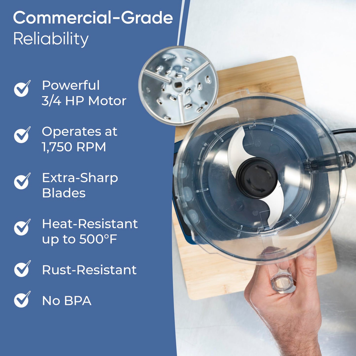 TK Tartle Commercial Food Processor - Heavy-Duty 600W Electric Chopper, Slicer & Shredder w/Flat lid, Continuous Feed, 3L Mixer Bowl & Stainless Steel Blades