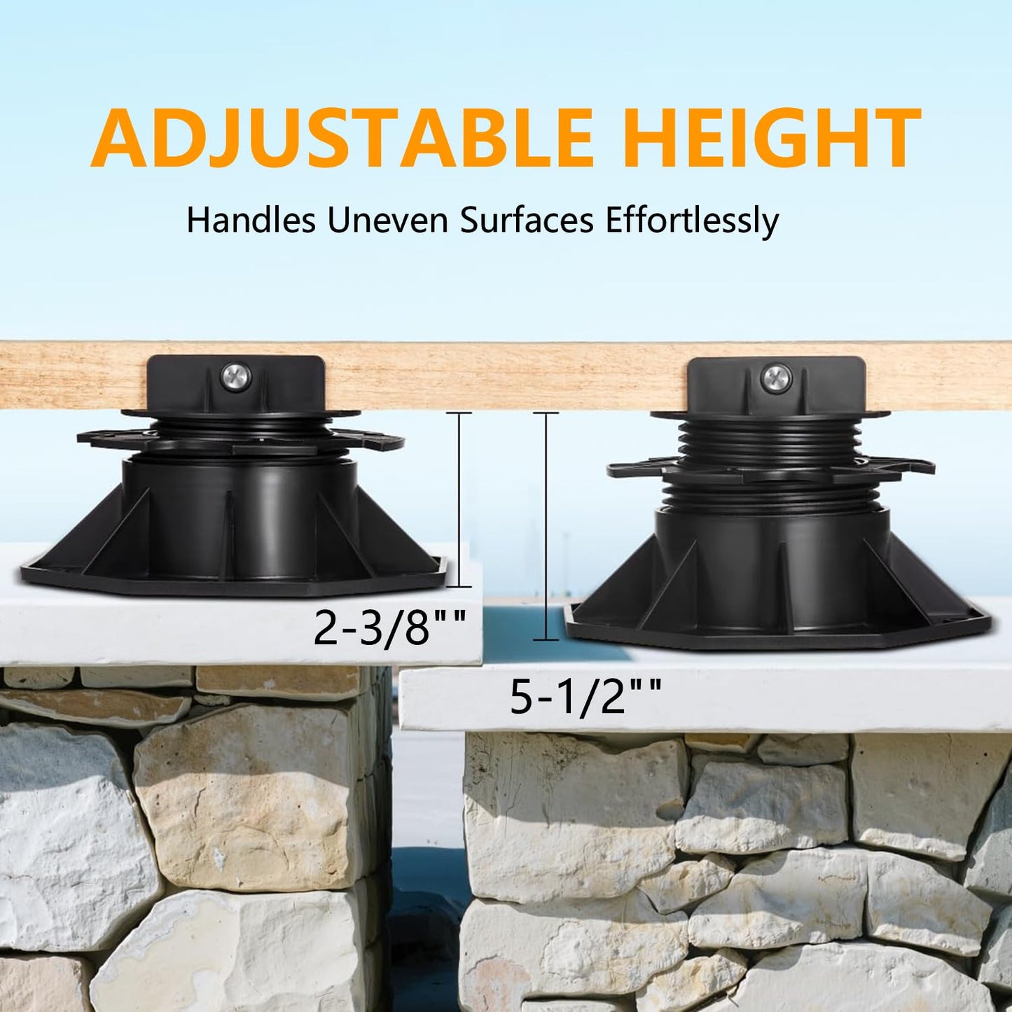 24 Pack Adjustable Deck Support Pedestal Deck Foundation Base Support，Used for Floating Deck Platform Deck Floor Height Adjustment Raising, Adjustment Raising from 2-3/8" to 5-1/2", Black