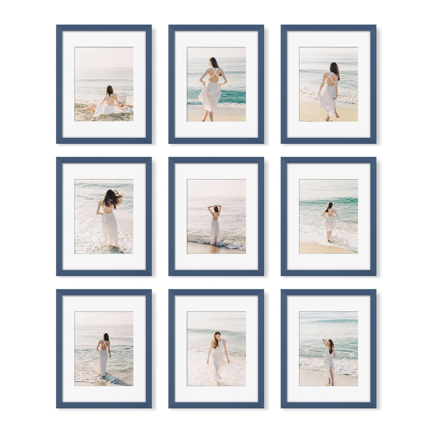 YESKAY 11x14 Picture Frame Set of 9 Photo Gallery Wall Frame Set Display Pictures 8x10 with Mat or 11 x 14 Without Multi Photo Frames for Wall Mounting or Table Top Display, Blue