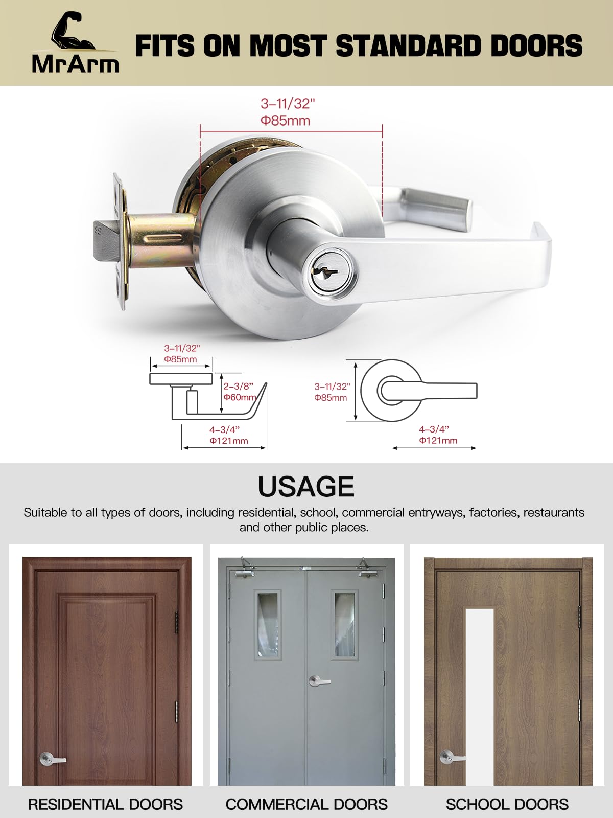MrArm Commercial Door Lever Lock, Heavy-Duty Locking Door Handle, Designer Door Handles, Cylindrical Lever Lock, Non-Handed Grade 2 Industrial Standard Door Handle, Satin Chrome(Classroom)