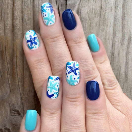 Summer Beach Press on Nails Short Square Cute Fake Nails with Blue Starfish Designs Glossy Acrylic Nails Press ons, 24Pcs Reusable Artificial Stick on Nails for Women Summer Manicure