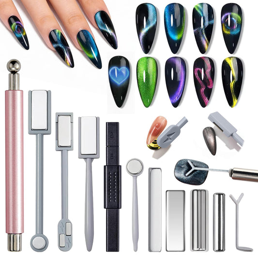 YECIRALA 10 Pcs Cat Eye Magnet For Nails Magnet Tool Set With 1 Pcs Y-Shape Iron Molds, 10 Uniquely Shaped Nail Magnet For Nails Strong Magnetism Cylinder Cat Eye Gel Nail Polish Magnet Sticks Tools