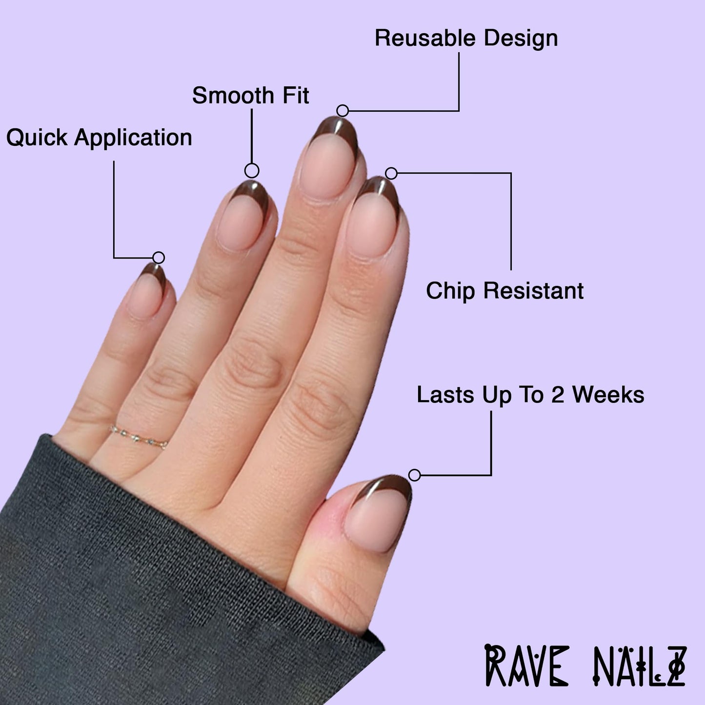 Rave Nailz Rodeo French Tip Press On Nails (24 Count) | Natural Base 3D False Oval Press On Nails Short with Brown Tip | Chip-Resistant Fake Nails with Glue, Includes File, Long-Lasting 2+ Weeks