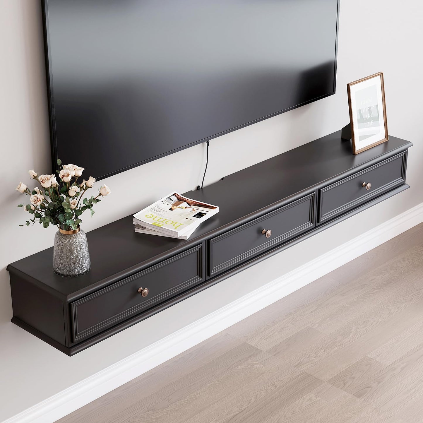 YeTrini 70-inch Wall-Mounted TV Stand, Accommodates 50- to 75-inch TVs, Features Hidden Cable Management, high Weight Capacity, and Space-Saving Black Floating TV Stand