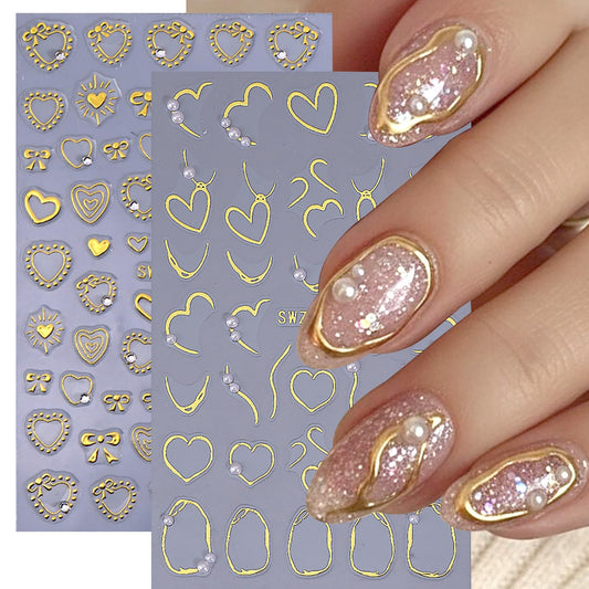 2 Sheets Heart Nail Art Stickers Gold Gliding Bow Nail Decals 3D Glitter Pearl Rhinestones Design Nail Stickers Self-Adhesive Romantic Heart Nails Art Decoration for Women DIY Acrylic Manicure