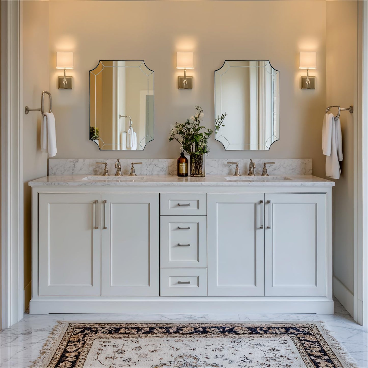 Andy Star Brushed Nickel Mirror, 22x30 Scalloped Bathroom Mirror, Silver Vanity Mirror in Anti-Rust Stainless Steel, Notched Mirrors with Delicate Tessellated Glass, Wall-Mounted Horizontal/Vertical