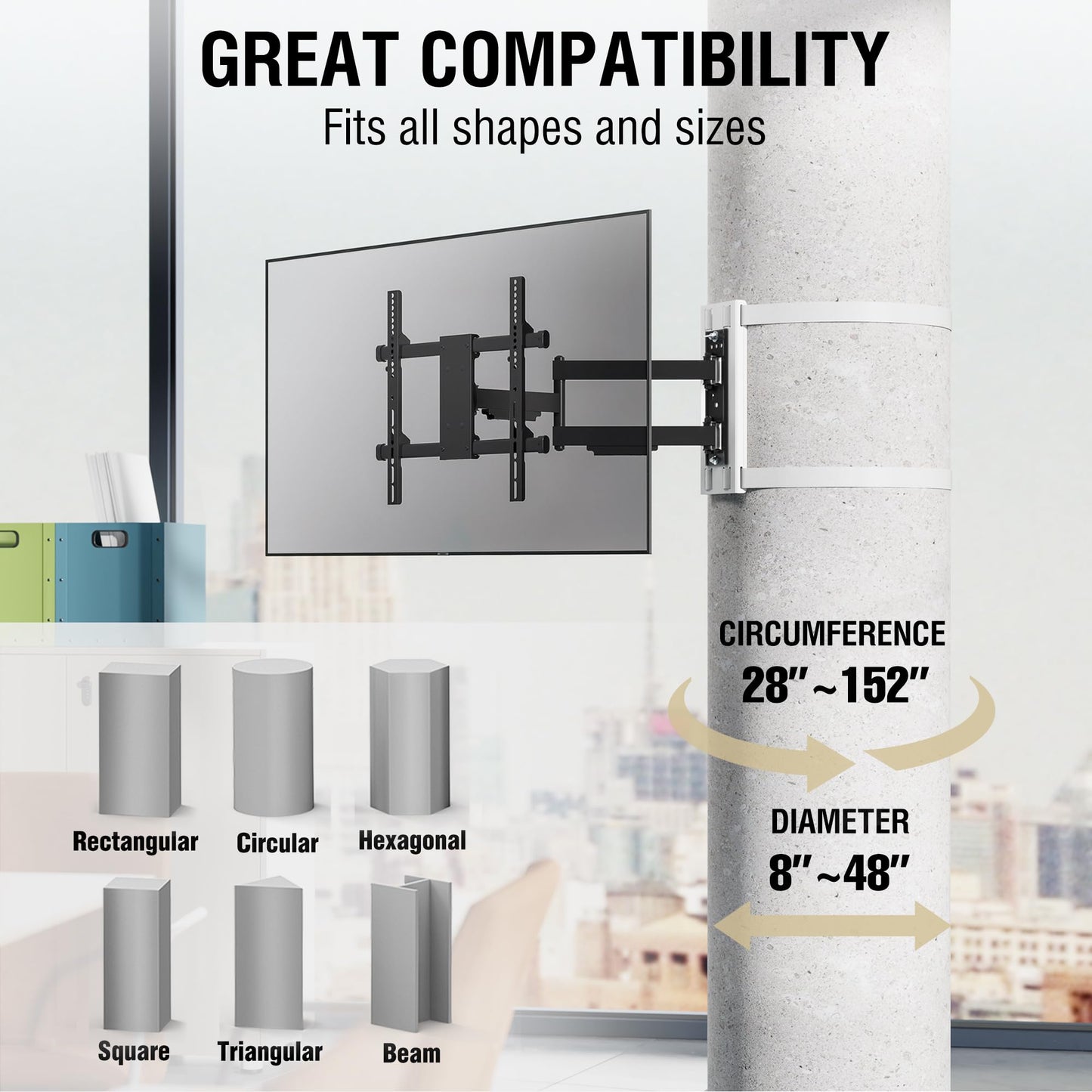 CondoMounts CLMTVA1044 Full Motion Large Pillar TV Mount | Column | Round & Square TV Post Mount | NO Drill | Holds 80lbs | Fits 32-in. to 70-in. TVs | Fits Pillars 8-in & Wider | White Strap