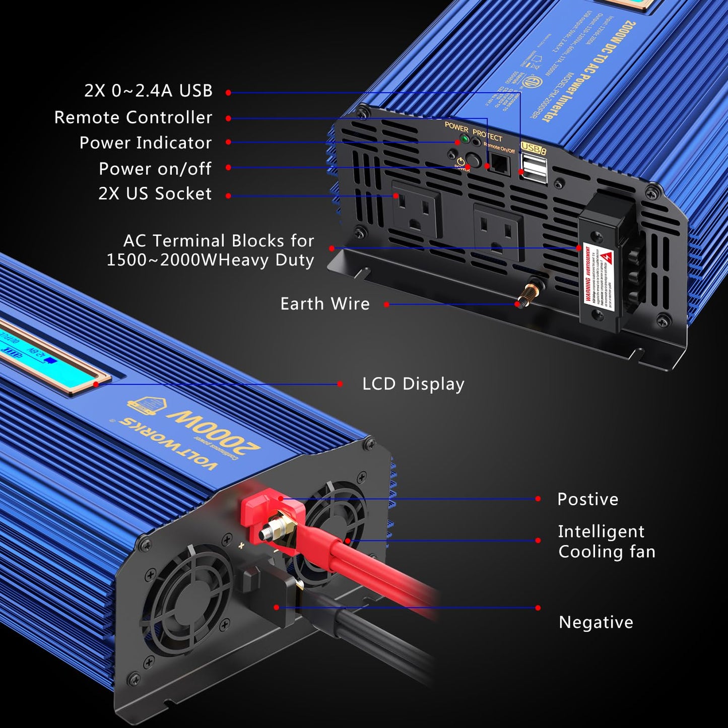 Power Inverter 2000w DC 12V to AC 120V ETL UL458 Compatible with Lithium Battery for Off-Grid Solar Car RV Truck Boat with LCD Display Remote Control 2 AC Outlets Dual 2.4A USB Ports by VOLTWORKS
