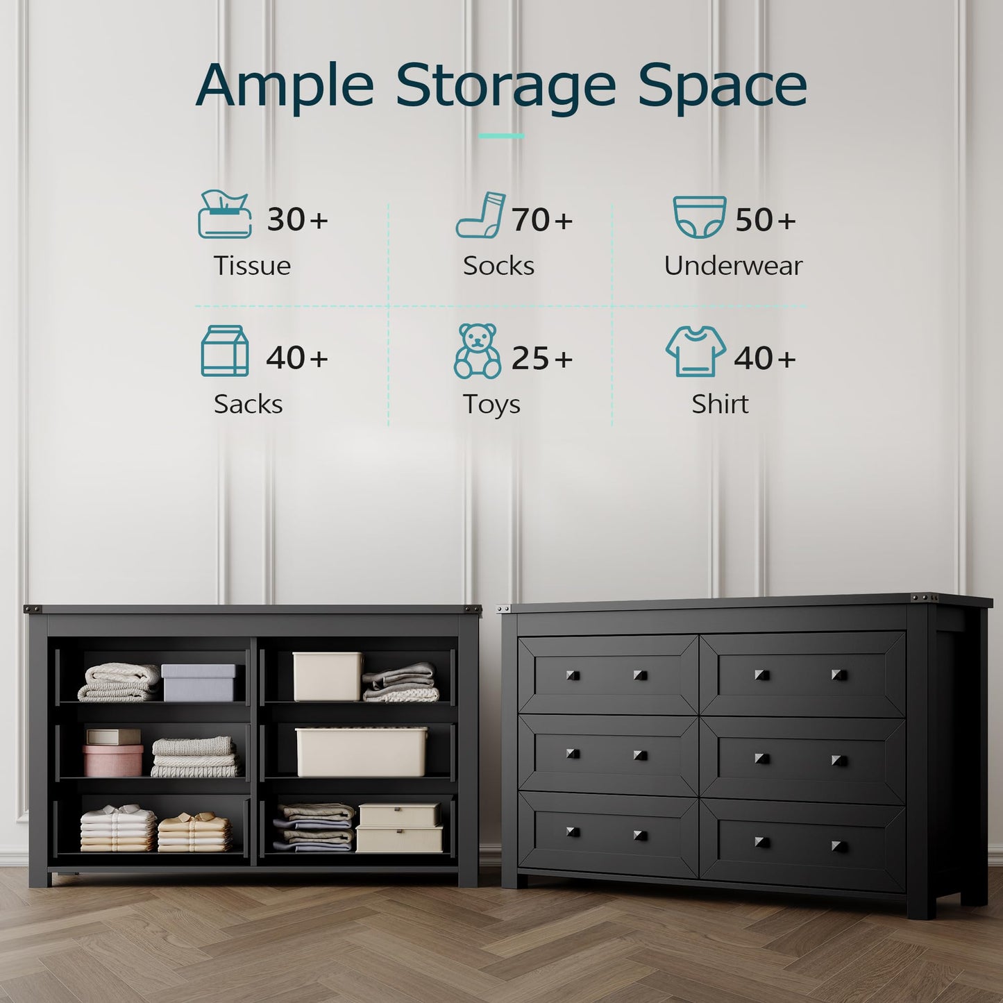 Dresser for Bedroom with 6 Drawers, Farmhouse Wood Chest of Drawers, Wide TV Stand Closet Storage Furniture with Metal Handle, Modern Clothes Organizer for Hallway, Living Room, Entryway, Black