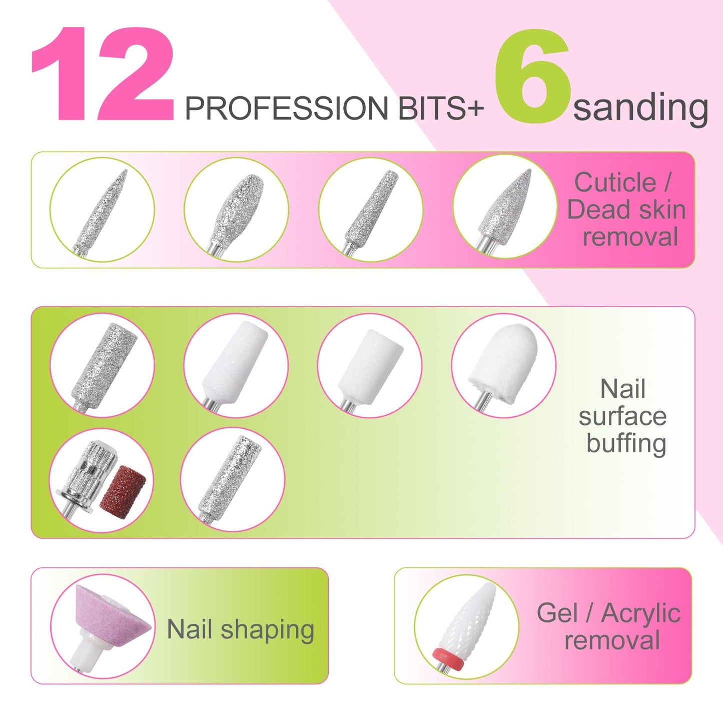 MEKK Nail Drill Kit,35000RPM Electric Nail Drill Professional Electric Nail File with 12PCS Bits,Anti-Shaking Cordless E Filer for Nails with LCD Display,Home & Salon (Pink-Green)