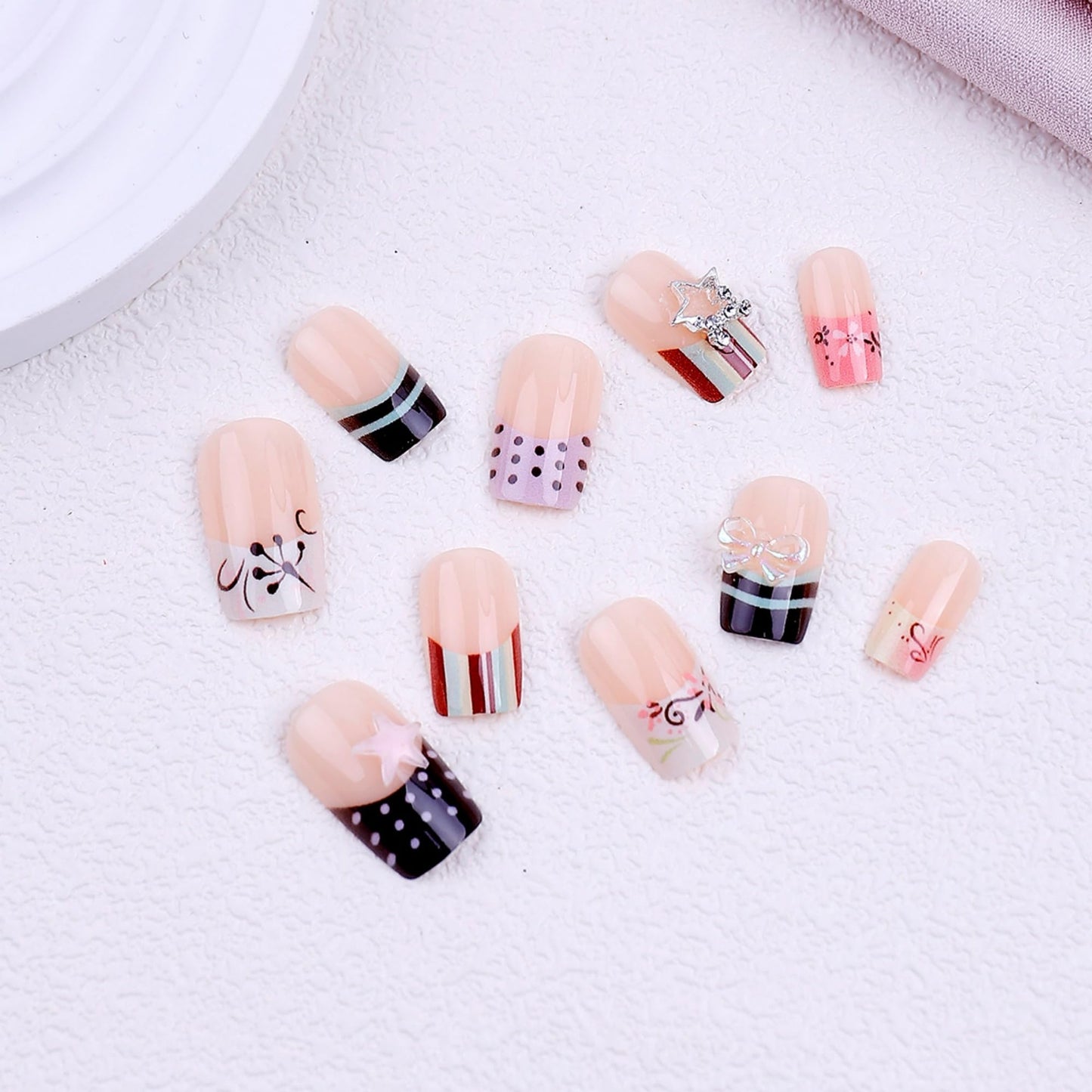 OCTOSWAVE Square Short Press on Nails with 3D Bows, Stars, Stripes & Polka Dots - 24Pcs Acrylic Fake Nails - Trendy Nail Art for Parties, Outdoors & Office