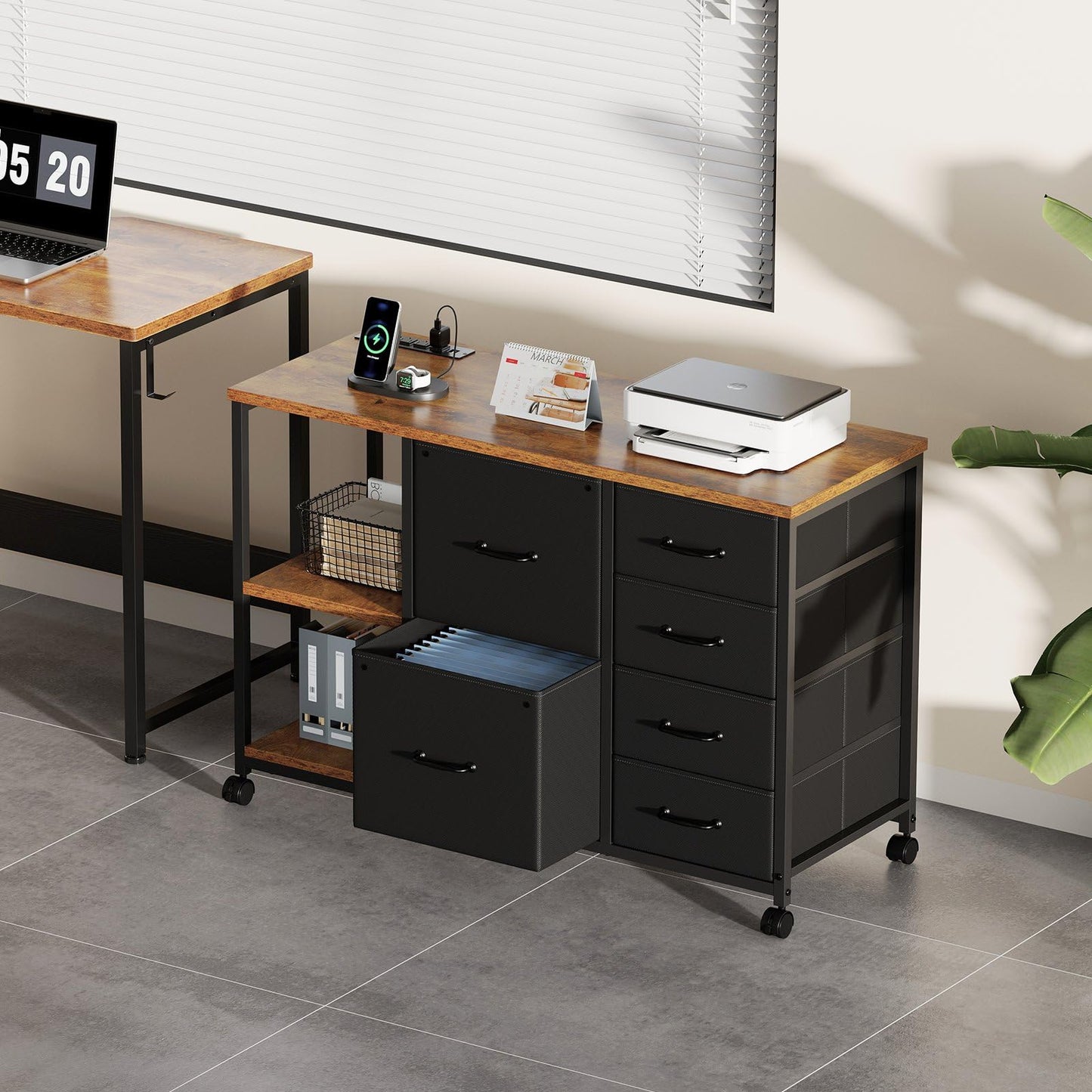 Maihail 6 Drawer File Cabinet with Charging Station Rolling Printer Stand with Open Storage Shelf Fabric Lateral Filing Cabinet for Home Office,Rustic Brown