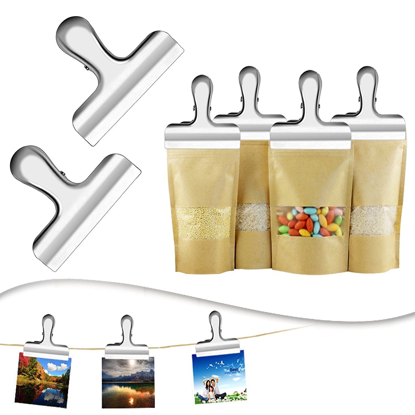 10PCS Wide Metal Chip Clips 3 Inch, Snack Food Bag Sealing Clips, Stainless Steel Paper Clamps Heavy Duty for Kitchen Food Packages and Office